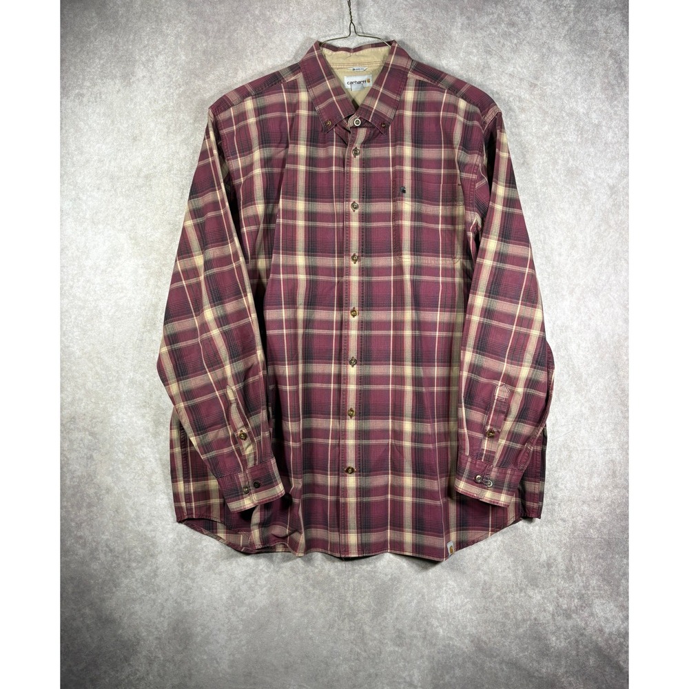 Carhartt Button Down Shirt Men 2XL Tall Burgundy Plaid Relaxed Fit Cotton Casual